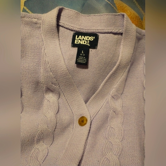 Lands End Kids button front cable cardigan, large (10-12) lavender cloud - Picture 7 of 7